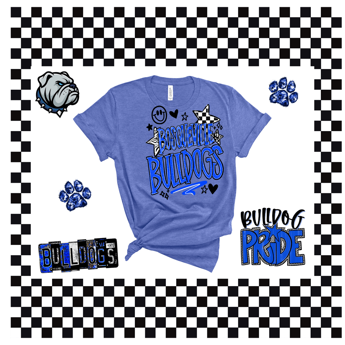 Bulldog black and white checkered stars t-shirt